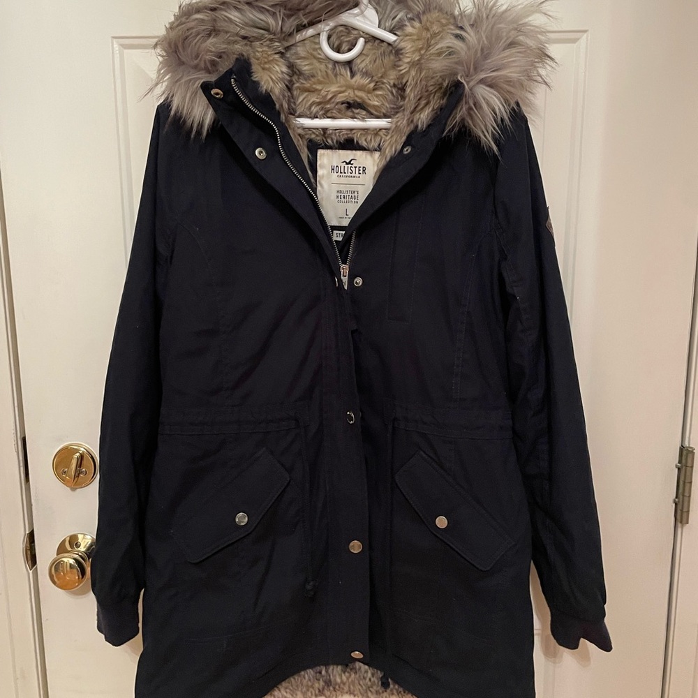 Hollister Black Coat with Faux Fur Trim and hood